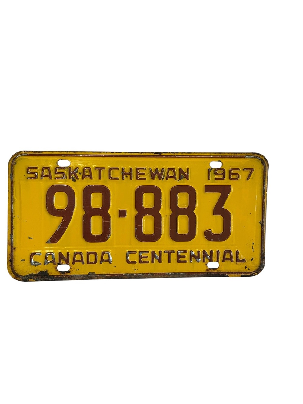 Vintage 1967 Saskatchewan License Plate Canada Centennial Yellow Maroon